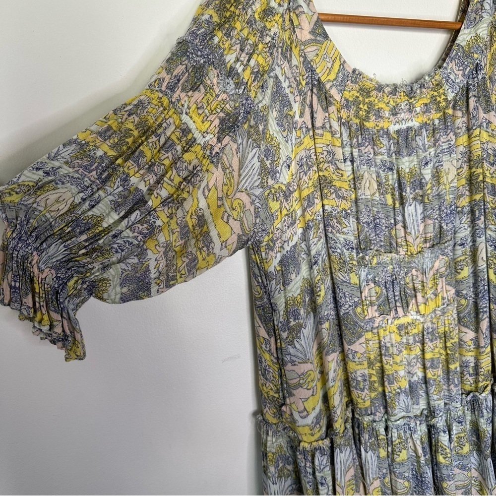Free People Long Sleeve Floral Tiered Maxi Dress in Yellow, Gray, Cream